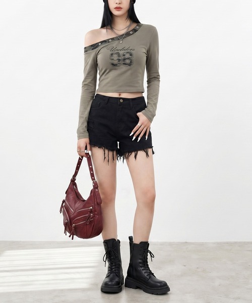 non-hedge(ノンヘッジ)の「迷彩切替ワンショルダーロンT(Tシャツ/カットソー・レディース・ブラック/チャコールグレー/オフホワイト/カーキ・FREE)」の7枚目の写真