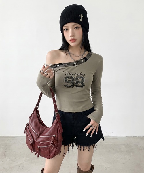 non-hedge(ノンヘッジ)の「迷彩切替ワンショルダーロンT(Tシャツ/カットソー・レディース・ブラック/チャコールグレー/オフホワイト/カーキ・FREE)」の8枚目の写真