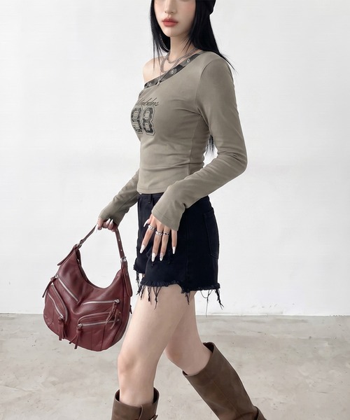 non-hedge(ノンヘッジ)の「迷彩切替ワンショルダーロンT(Tシャツ/カットソー・レディース・ブラック/チャコールグレー/オフホワイト/カーキ・FREE)」の9枚目の写真