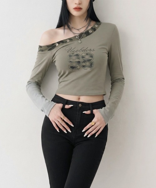 non-hedge(ノンヘッジ)の「迷彩切替ワンショルダーロンT(Tシャツ/カットソー・レディース・ブラック/チャコールグレー/オフホワイト/カーキ・FREE)」の10枚目の写真