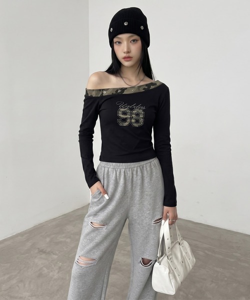 non-hedge(ノンヘッジ)の「迷彩切替ワンショルダーロンT(Tシャツ/カットソー・レディース・ブラック/チャコールグレー/オフホワイト/カーキ・FREE)」の11枚目の写真