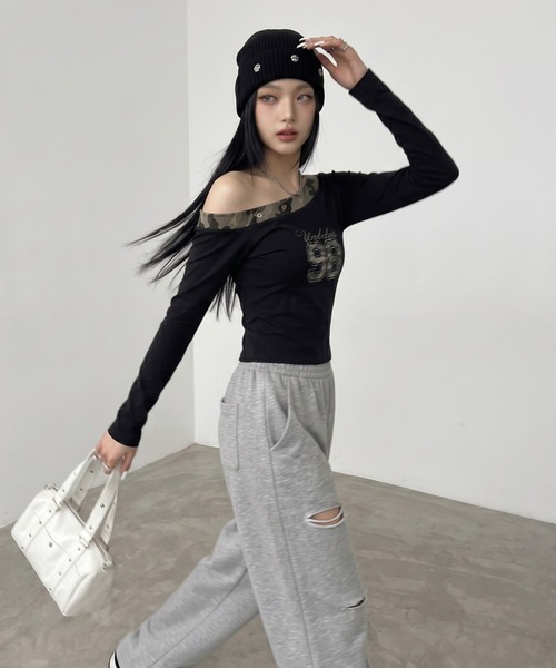 non-hedge(ノンヘッジ)の「迷彩切替ワンショルダーロンT(Tシャツ/カットソー・レディース・ブラック/チャコールグレー/オフホワイト/カーキ・FREE)」の13枚目の写真