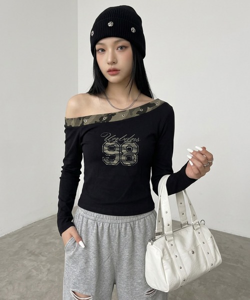 non-hedge(ノンヘッジ)の「迷彩切替ワンショルダーロンT(Tシャツ/カットソー・レディース・ブラック/チャコールグレー/オフホワイト/カーキ・FREE)」の14枚目の写真