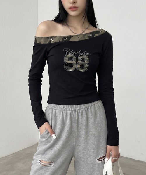 non-hedge(ノンヘッジ)の「迷彩切替ワンショルダーロンT(Tシャツ/カットソー・レディース・ブラック/チャコールグレー/オフホワイト/カーキ・FREE)」の15枚目の写真