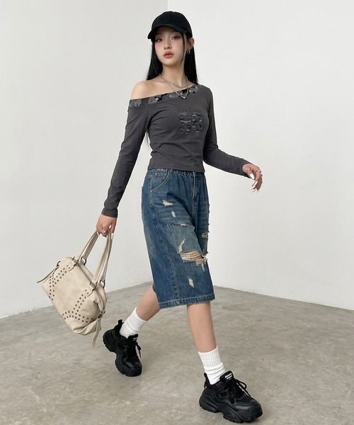 non-hedge(ノンヘッジ)の「迷彩切替ワンショルダーロンT(Tシャツ/カットソー・レディース・ブラック/チャコールグレー/オフホワイト/カーキ・FREE)」の16枚目の写真