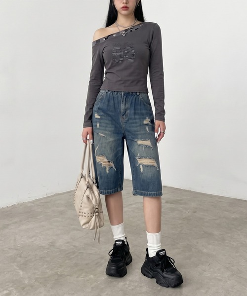 non-hedge(ノンヘッジ)の「迷彩切替ワンショルダーロンT(Tシャツ/カットソー・レディース・ブラック/チャコールグレー/オフホワイト/カーキ・FREE)」の17枚目の写真