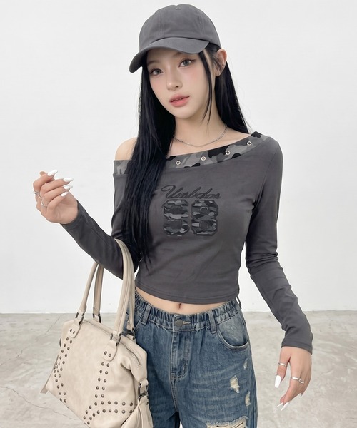 non-hedge(ノンヘッジ)の「迷彩切替ワンショルダーロンT(Tシャツ/カットソー・レディース・ブラック/チャコールグレー/オフホワイト/カーキ・FREE)」の18枚目の写真
