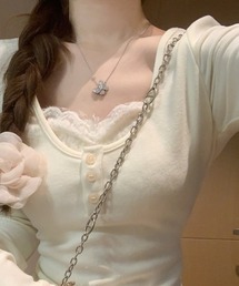 Vネック レース切替 配色切替 フェイクレイヤード カシミヤ長袖Tシャツ