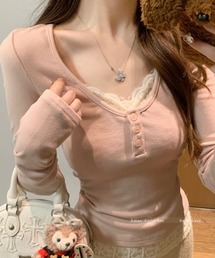 Vネック レース切替 配色切替 フェイクレイヤード カシミヤ長袖Tシャツ