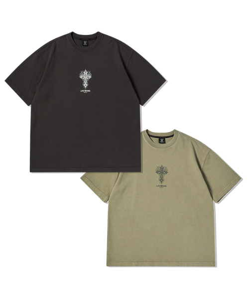 LIFE WORK(ライフワーク)の「十字架プリントダイング半袖Tシャツ(Tシャツ/カットソー・メンズ・チャコールグレー/カーキ・M/L)」の3枚目の写真