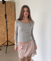 NECK LACE LONG SLEEVE T (SOFT BLUE+BEIGE STRIPE)