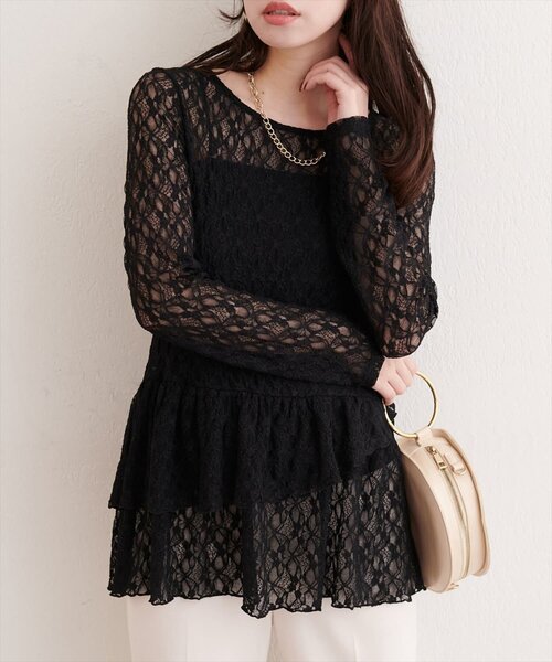 natural couture（ナチュラルクチュール）の「総レースティアードTOPS（Tシャツ/カットソー・レディース・ブラック/ブラウン/オフホワイト/ドット・FREE）」の3枚目の写真