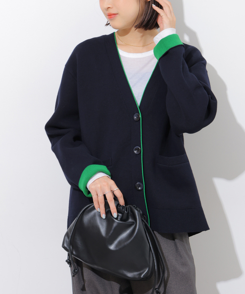 JOURNAL STANDARD relume(ジャーナルスタンダード レリューム)の「ダブルニットコントラストVネックカーディガン(カーディガン/ボレロ・レディース・ブラウン/ネイビー・FREE)」の2枚目の写真
