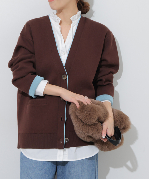 JOURNAL STANDARD relume(ジャーナルスタンダード レリューム)の「ダブルニットコントラストVネックカーディガン(カーディガン/ボレロ・レディース・ブラウン/ネイビー・FREE)」の1枚目の写真