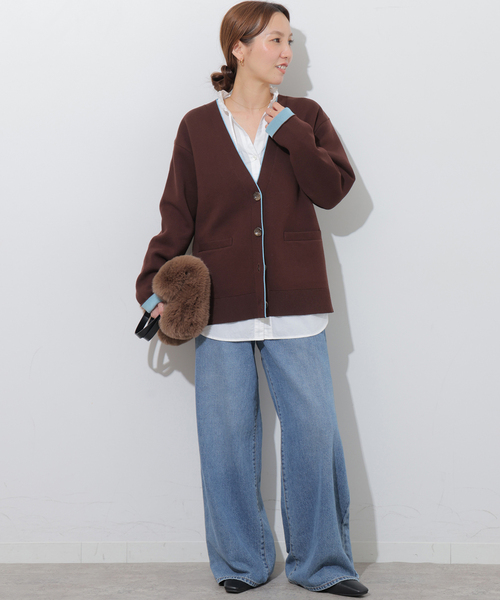 JOURNAL STANDARD relume(ジャーナルスタンダード レリューム)の「ダブルニットコントラストVネックカーディガン(カーディガン/ボレロ・レディース・ブラウン/ネイビー・FREE)」の3枚目の写真