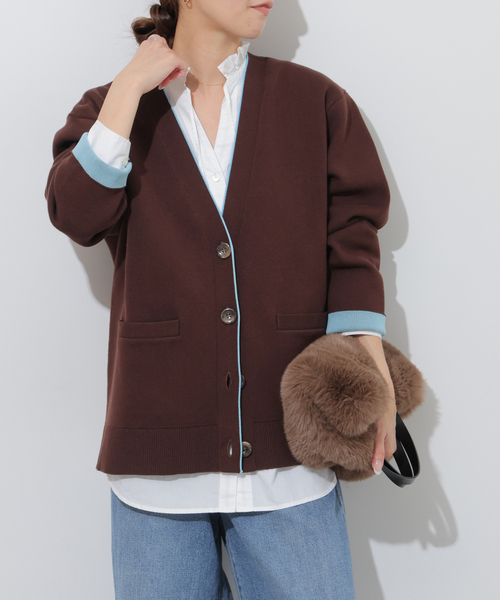 JOURNAL STANDARD relume(ジャーナルスタンダード レリューム)の「ダブルニットコントラストVネックカーディガン(カーディガン/ボレロ・レディース・ブラウン/ネイビー・FREE)」の6枚目の写真