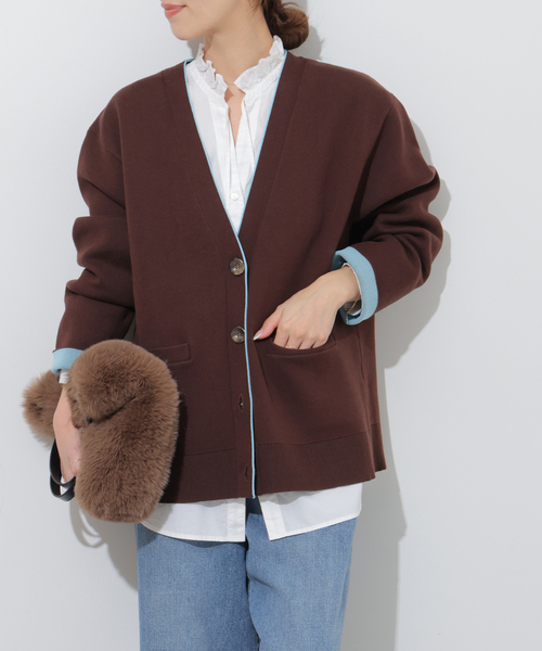 JOURNAL STANDARD relume(ジャーナルスタンダード レリューム)の「ダブルニットコントラストVネックカーディガン(カーディガン/ボレロ・レディース・ブラウン/ネイビー・FREE)」の7枚目の写真