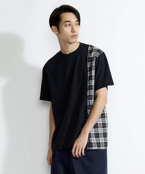 EN ROUTE(アンルート)の「<EN ROUTE>ソリッド×チェック アシンメトリーT(Tシャツ/カットソー・メンズ・ネイビー/ブラック・2/3/1)」の2枚目の写真