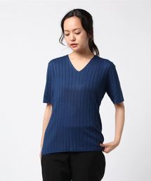 Pierrot（ピエロ）の「ネックが選べるウォッシャブル半袖リブニット（ニット/セーター・レディース）」