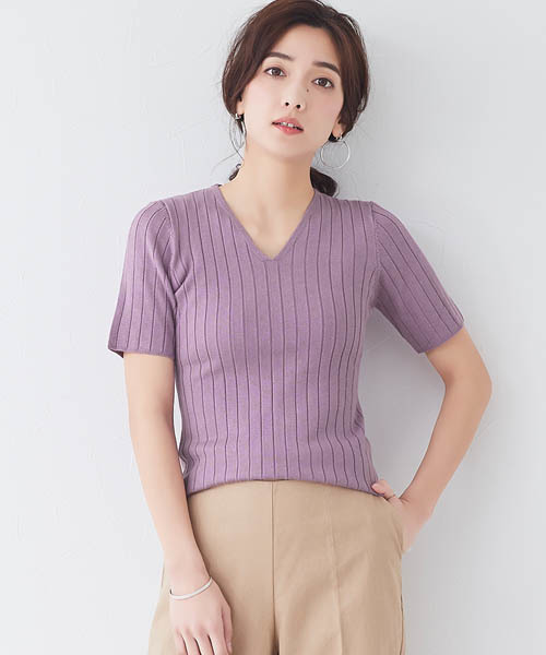 Pierrot（ピエロ）の「ネックが選べるウォッシャブル半袖リブニット（ニット/セーター・レディース・オフホワイト/ブラック系その他/グリーン系その他/ピンク系その他/ブルー系その他2/ピンク系その他4/グレー/ホワイト系その他/ベージュ系その他/パープル系その他/グリーン系その他2/ピンク系その他3/ブラック/グリーン/グレー系その他/ブルー系その他/ネイビー/ミント/ブラウン系その他/ライトパープル/ブラウン系その他2/ピンク系その他2/ピンク系その他6/ライトベージュ/ブルー系その他3/ピンク系その他5/レッド系その他/ボルドー/ブルー系その他4/ブルー系その他5・M/L）」の22枚目の写真