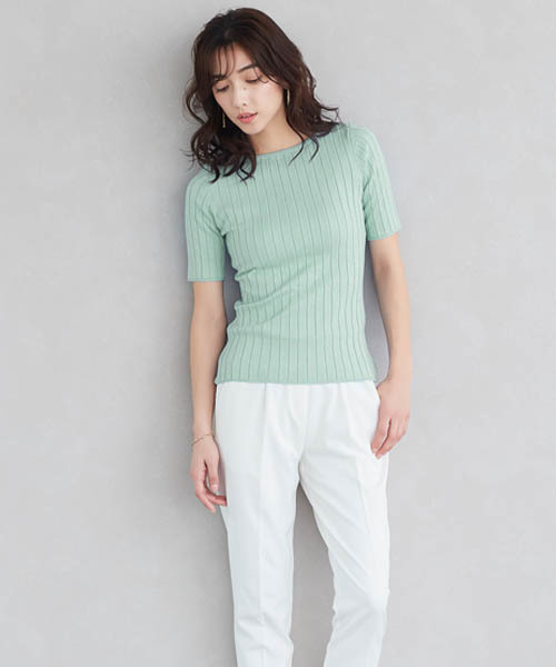 Pierrot（ピエロ）の「ネックが選べるウォッシャブル半袖リブニット（ニット/セーター・レディース・オフホワイト/ブラック系その他/グリーン系その他/ピンク系その他/ブルー系その他2/ピンク系その他4/グレー/ホワイト系その他/ベージュ系その他/パープル系その他/グリーン系その他2/ピンク系その他3/ブラック/グリーン/グレー系その他/ブルー系その他/ネイビー/ミント/ブラウン系その他/ライトパープル/ブラウン系その他2/ピンク系その他2/ピンク系その他6/ライトベージュ/ブルー系その他3/ピンク系その他5/レッド系その他/ボルドー/ブルー系その他4/ブルー系その他5・M/L）」の13枚目の写真