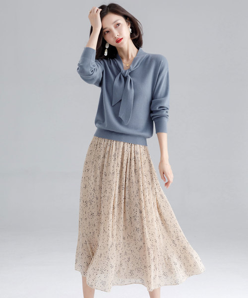 ドゥロワー ボウタイ ニット リボン トップス ネイビー ドゥロワー