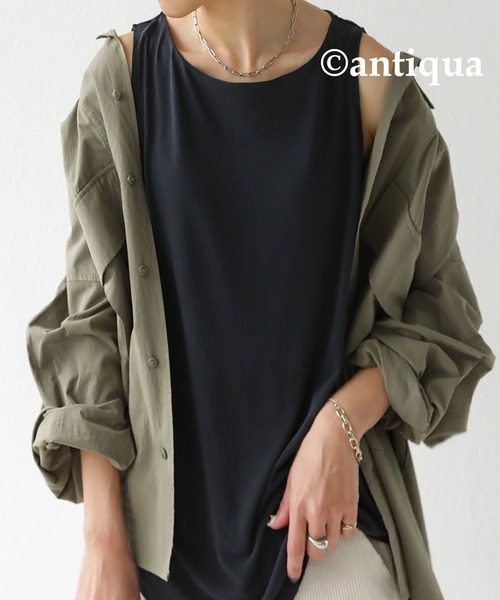 antiqua（アンティカ）の「とろみ生地ボートネックタンク（タンクトップ・レディース・オフホワイト/ブラック/ブラウン系その他/ブラウン系その他2/ブラウン系その他3/ベージュ系その他/ブルー系その他・FREE）」の14枚目の写真