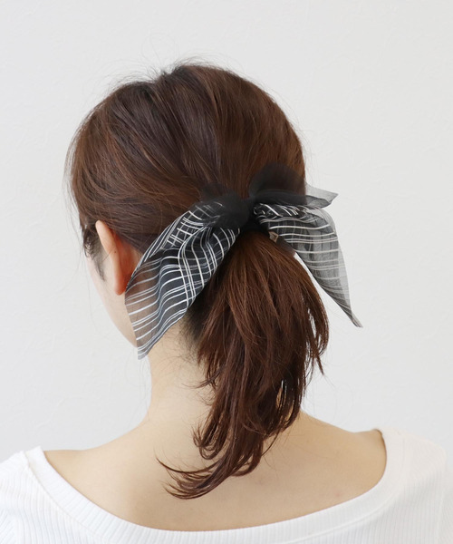 小さめオーガンジーストライプリボンヘアゴム ホワイト 送り付け
