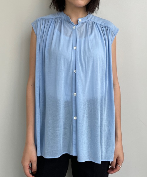 Morris & Sons（モリスアンドサンズ）の「◇【MORRIS & SONS】ギャザースリーブレスシャツ WOMEN（シャツ/ブラウス・レディース・オリーブ/ブラック/ライトブルー・0）」の19枚目の写真