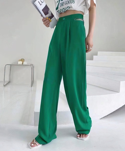 me+em select（ミームセレクト）の「ジップスリットタックワイドスラックス（スラックス・レディース・ライトブルー/ダークブルー/グリーン/ホワイト/ピンク・M/L/S）」の8枚目の写真