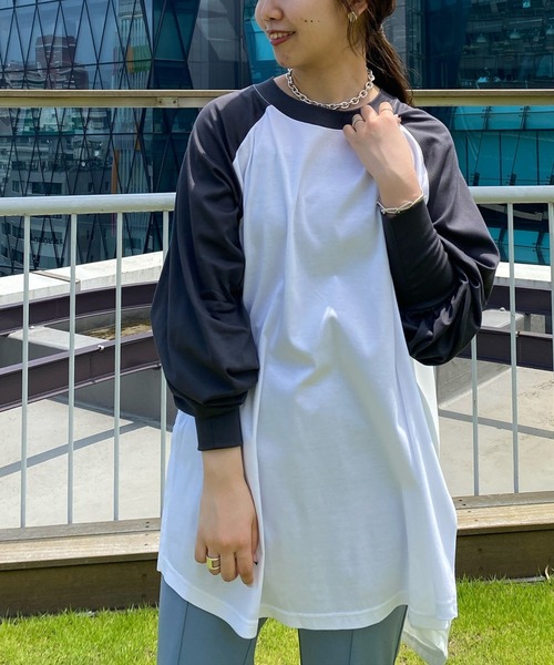 COLLAGE GALLARDAGALANTE（コラージュガリャルダガランテ）の「【OT】バックサテンラグランスリーブカットソー（Tシャツ/カットソー・レディース・チャコールグレー/ベージュ/ブルー/ネイビー・FREE）」の5枚目の写真