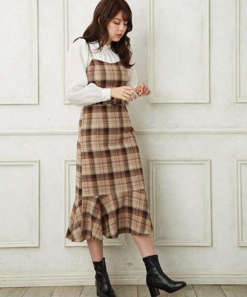 Allamanda（アラマンダ）の「共ベルト付きマーメイドジャンスカ（ジャンパースカート・レディース・インディゴブルー/その他11/ブラウン系その他2・M）」の2枚目の写真