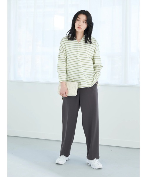 earth music&ecology(アースミュージックアンドエコロジー)の「ボーダーフードプルオーバー*(パーカー・レディース・ブラック/ライム/モカ・FREE)」の9枚目の写真