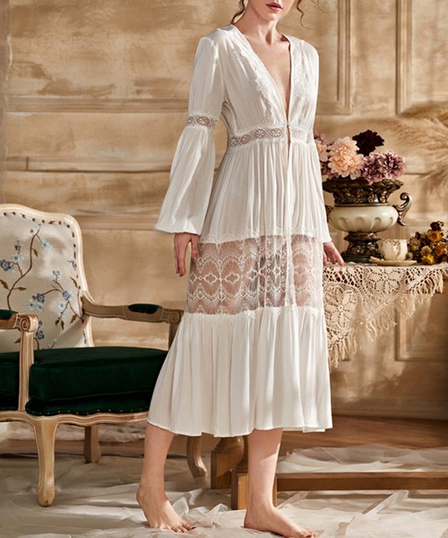 Jasmine Grandiflorum（ジャスミングランディフローラム）の「【Jasmine】レース透けルームロングワンピース（ルームワンピース・レディース・ホワイト・LARGE/SMALL/MEDIUM）」の7枚目の写真