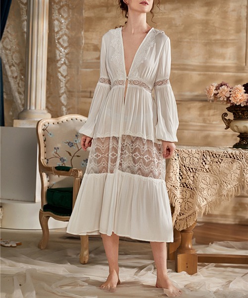 Jasmine Grandiflorum（ジャスミングランディフローラム）の「【Jasmine】レース透けルームロングワンピース（ルームワンピース・レディース・ホワイト・LARGE/SMALL/MEDIUM）」の6枚目の写真