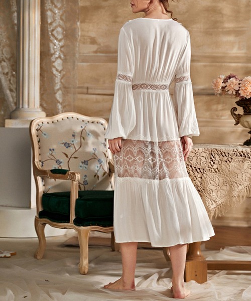 Jasmine Grandiflorum（ジャスミングランディフローラム）の「【Jasmine】レース透けルームロングワンピース（ルームワンピース・レディース・ホワイト・LARGE/SMALL/MEDIUM）」の5枚目の写真