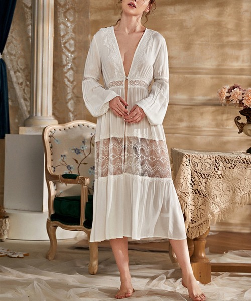 Jasmine Grandiflorum（ジャスミングランディフローラム）の「【Jasmine】レース透けルームロングワンピース（ルームワンピース・レディース・ホワイト・LARGE/SMALL/MEDIUM）」の4枚目の写真