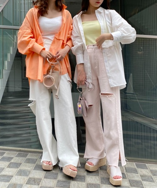 one after another NICE CLAUP(ワンアフターアナザーナイスクラップ)の「ワンポイント刺繍肩あきマルチWAYシャツ(シャツ/ブラウス・レディース・ピンク系/サックスブルー系/オフホワイト/オレンジ・FREE)」の10枚目の写真