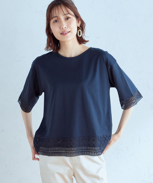 DECOY SINCE 1981(デコイシンスイチキュウハチイチ)の「【接触冷感】レースプルオーバー(Tシャツ/カットソー・レディース・ネイビー/オレンジ/グリーン・M/LL/L)」の2枚目の写真