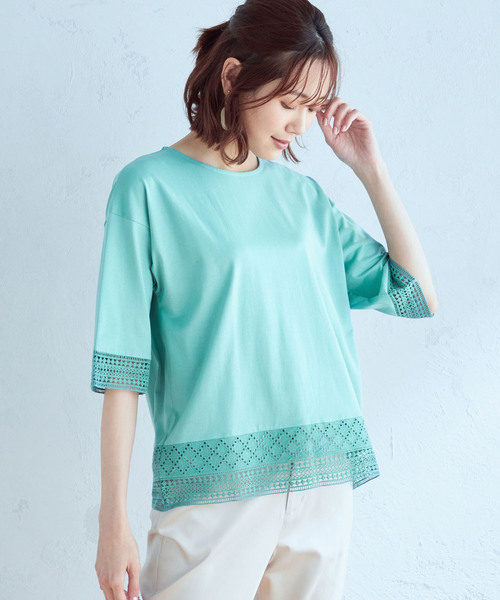 DECOY SINCE 1981(デコイシンスイチキュウハチイチ)の「【接触冷感】レースプルオーバー(Tシャツ/カットソー・レディース・ネイビー/オレンジ/グリーン・M/LL/L)」の7枚目の写真