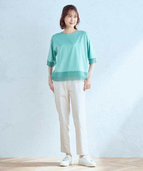 DECOY SINCE 1981(デコイシンスイチキュウハチイチ)の「【接触冷感】レースプルオーバー(Tシャツ/カットソー・レディース・ネイビー/オレンジ/グリーン・M/LL/L)」の4枚目の写真