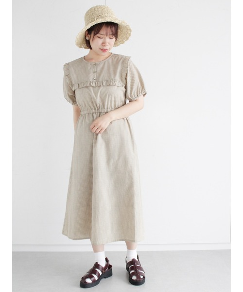 ehka sopo（エヘカソポ）の「チェック／無地アソートフリルワンピース（ワンピース・レディース・ベージュ/グリーン/キナリ・ﾌﾘ-）」の3枚目の写真