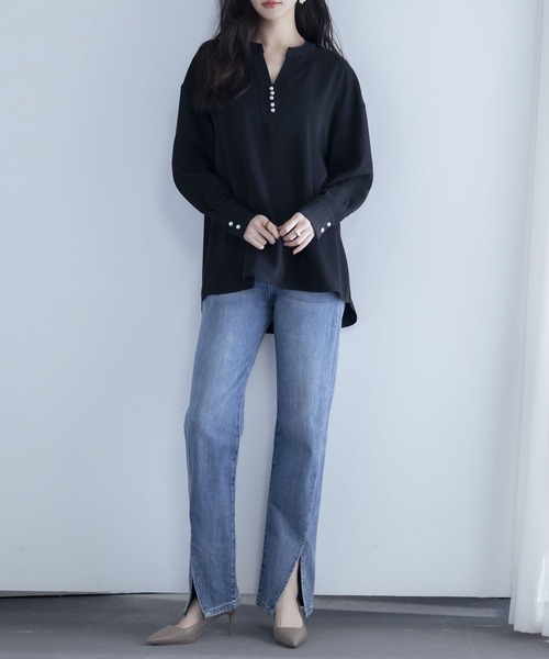 myine パール付きキーネックブラウスセットアップ(ブラック) 00os1535-1.jpg