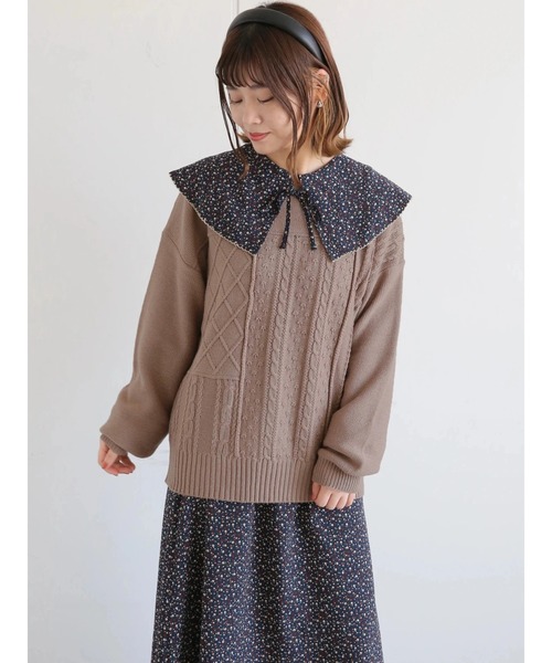 ehka sopo(エヘカソポ)の「ケーブルパッチワークプルオーバー(ニット/セーター・レディース・サックスブルー/ブラック/キナリ/モカ・フリ-)」の3枚目の写真