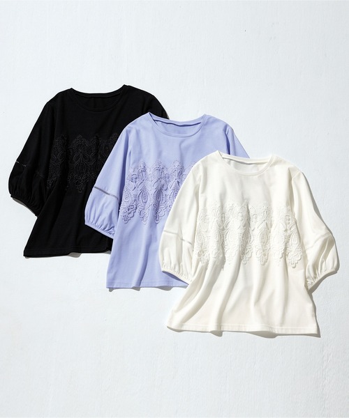 RANAN（ラナン）の「接触冷感　レースモチーフ５分袖カットソー（Tシャツ/カットソー・レディース・ホワイト/ライラック/ブラック・M/LL/L）」の6枚目の写真