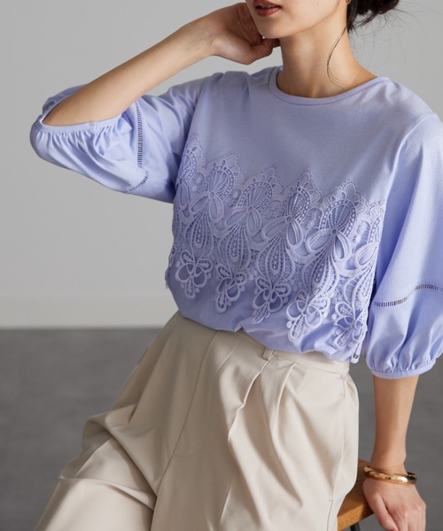RANAN（ラナン）の「接触冷感　レースモチーフ５分袖カットソー（Tシャツ/カットソー・レディース・ホワイト/ライラック/ブラック・M/LL/L）」の22枚目の写真