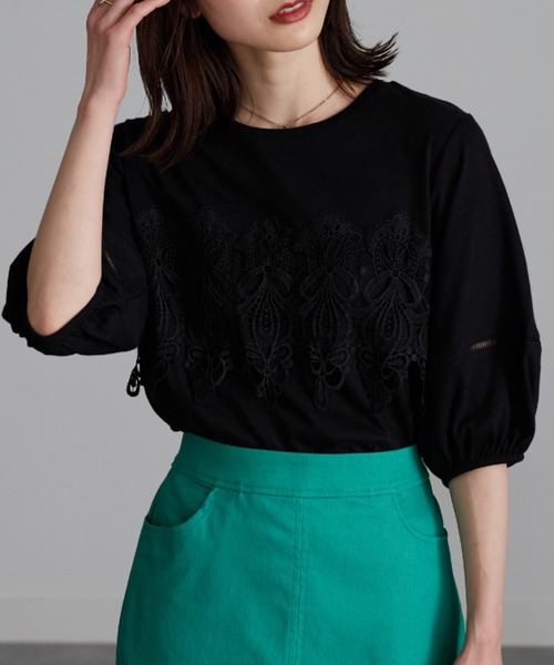 RANAN（ラナン）の「接触冷感　レースモチーフ５分袖カットソー（Tシャツ/カットソー・レディース・ホワイト/ライラック/ブラック・M/LL/L）」の12枚目の写真