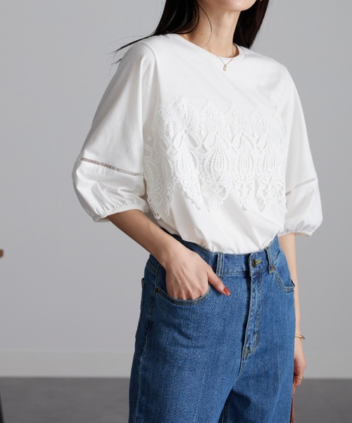 RANAN（ラナン）の「接触冷感　レースモチーフ５分袖カットソー（Tシャツ/カットソー・レディース・ホワイト/ライラック/ブラック・M/LL/L）」の8枚目の写真