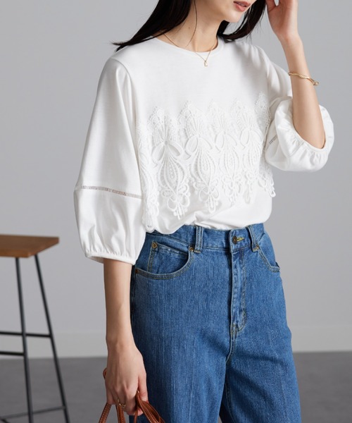 RANAN（ラナン）の「接触冷感　レースモチーフ５分袖カットソー（Tシャツ/カットソー・レディース・ホワイト/ライラック/ブラック・M/LL/L）」の10枚目の写真