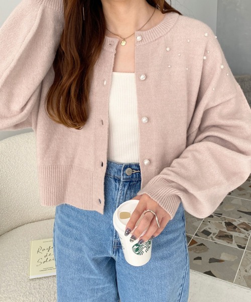 moment+（モーメントプラス）の「ドットパールクルーネックニットカーデ（カーディガン/ボレロ・レディース・ピンク/ブルー/ブラック/アイボリー・M/L）」の4枚目の写真